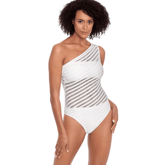 RALPH LAUREN Ottoman Mesh One-Piece Swimsuit Size 12 White One Shoulder NWT - Picture 1 of 11